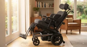A high-performance tilt-in-space wheelchair equipped with pressure-relieving cushions for Canadian users.
