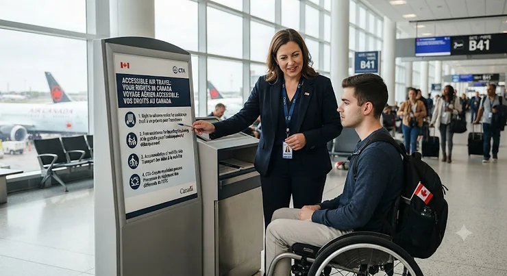A smiling traveler using a wheelchair preparing to board a commercial flight at a modern Canadian airport. how to fly with a wheelchair