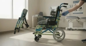 A young child in a paediatric wheelchair engaging in inclusive play at a modern Canadian playground.