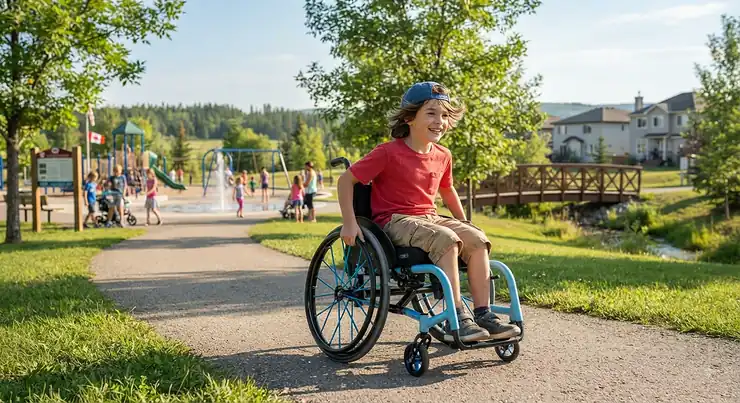 An active child using a lightweight junior wheelchair while playing in a Canadian park during summer.