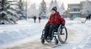 A high-performance junior wheelchair for active kids being used on a paved, accessible path in a Canadian winter setting.