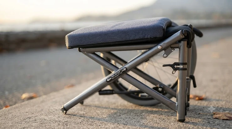 The lightest transport wheelchair unfolded outdoors in Canada, featuring a durable aluminum frame and comfortable seating for easy caregiver navigation.