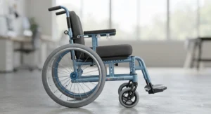 Technical side view of a lightweight junior wheelchair for active kids featuring adjustable seat settings.