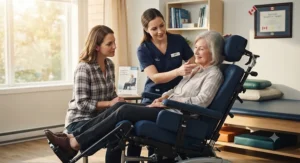 An occupational therapist guiding an adult child through the benefits of a specialized reclining wheelchair for aging parents requiring extra postural support.