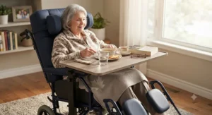 A comfortable padded reclining wheelchair equipped with a convenient tray table, allowing an elderly parent to dine and read safely.