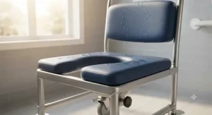 Close-up of a padded shower commode chair for seniors featuring waterproof cushioning and durable rust-resistant frame materials.