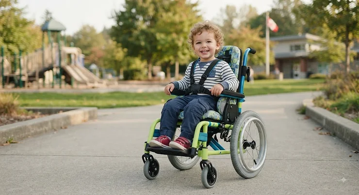 A smiling toddler sitting in a lightweight, brightly coloured paediatric wheelchair designed for mobility and comfort.