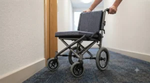 The lightest transport wheelchair packed inside a convenient travel carry bag for storage or shipping across Canada.