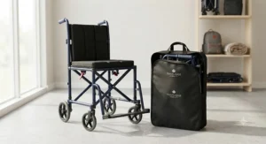 A portable wheelchair for travel shown next to its durable, custom-fitted carrying storage bag.