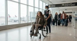 Ground crew carefully handling and gate-checking a folding wheelchair before loading it into the aircraft cargo hold.