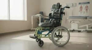 Side view of a safe and secure paediatric wheelchair for toddlers, showcasing essential safety features and stable wheel design.