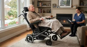 A senior relaxing comfortably in a tilt-in-space wheelchair designed for long-term daily use in a Canadian home.