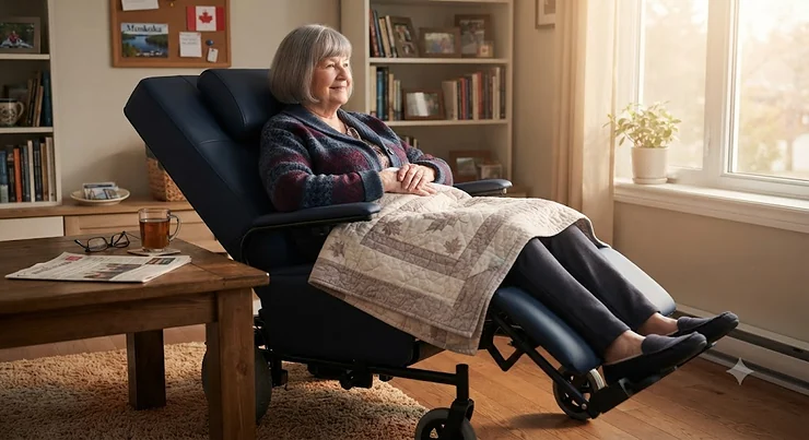 An elderly Canadian woman relaxing comfortably in a reclining wheelchair in her living room, highlighting ease of mobility and support for aging parents.