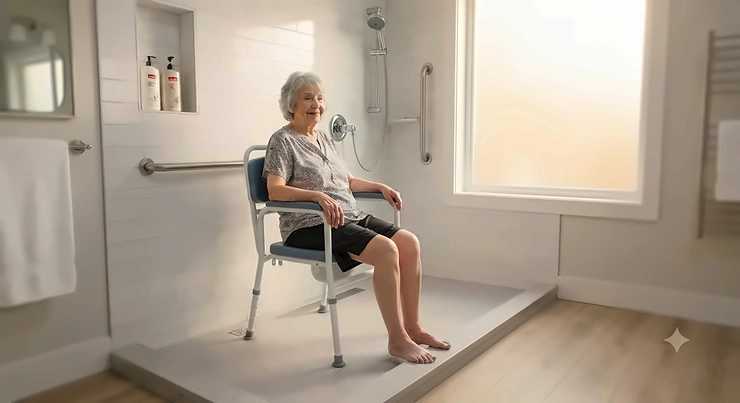 An elderly Canadian enjoying a safe and accessible bathroom routine using a shower commode chair in a modern accessible bathroom.