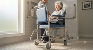 A corrosion-resistant stainless steel shower commode chair built to withstand humid bathroom environments across Canada.