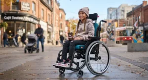 Modern and stylish junior wheelchair for active kids positioned in an urban Canadian downtown location.