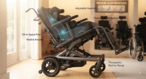 Side view highlighting the reclining and tilt features of a wheelchair used to treat and prevent pressure sores.