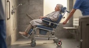 A tilt-in-space shower commode chair for elderly patients requiring extra postural support and pressure relief during bathing.