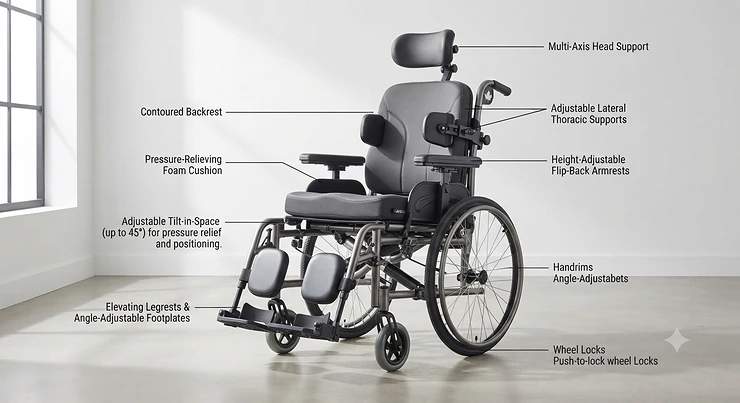 Detailed overview of tilt-in-space wheelchair adjustments and postural support features for Canadian users.