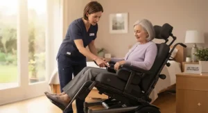A healthcare professional demonstrating a tilt-in-space wheelchair to a patient for improved pressure sore prevention in a care setting.