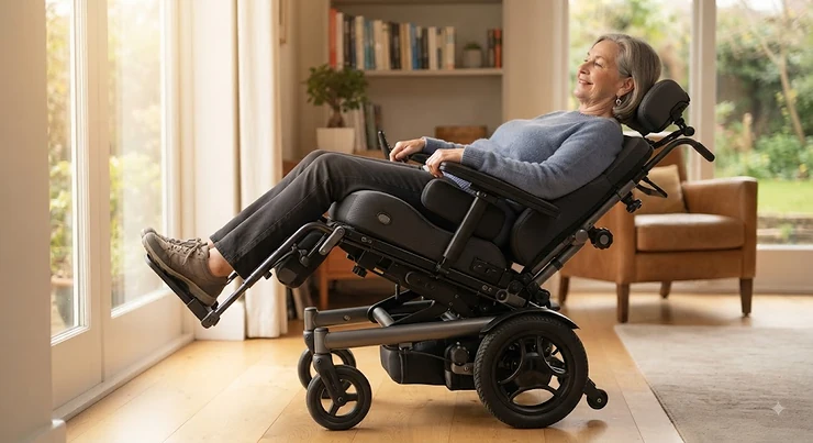 A person using a tilt-in-space wheelchair designed for pressure sore management and comfort. tilt-in-space wheelchair for pressure sores