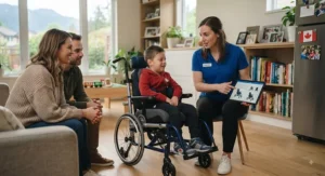 Therapist explaining the benefits of an adjustable growing wheelchair to a Canadian family.
