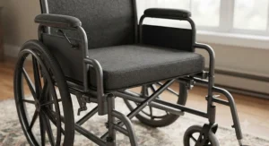 Close-up view highlighting the reinforced steel frame and wide cushioned seat of a bariatric wheelchair for home care.