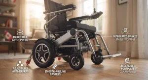 Illustration highlighting safety wheels, anti-tippers, and accessibility design features of a compact power wheelchair.