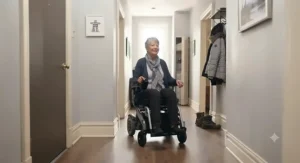 An accessible power wheelchair for narrow hallways moving smoothly down a residential home corridor in Canada.