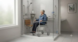 A waterproof commode wheelchair positioned inside a modern Canadian accessible roll-in shower stall.