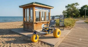 A rental station displaying an all-terrain beach wheelchair for sand and boardwalks, promoting inclusive outdoor recreation across Canadian municipalities.