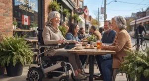 Illustration of a person enjoying a social gathering at a local cafe using a sleek compact power wheelchair.