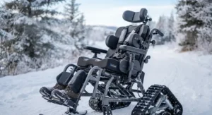 An ergonomic winter wheelchair featuring adjustable postural support for safe outdoor winter mobility.