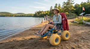 An individual enjoying a sunny day on a Canadian lakeshore sitting in a durable beach wheelchair built for sand and boardwalks.