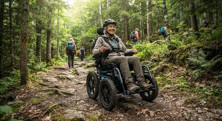 Illustration of an all-terrain wheelchair for outdoor use navigating a forested hiking trail.