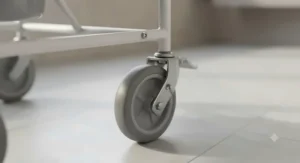 Close-up of heavy-duty locking castor wheels on an attendant commode wheelchair for secure bathroom positioning.