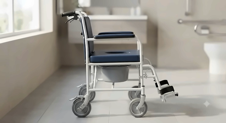 An attendant commode wheelchair shown from the side, featuring a durable frame and padded seat for daily care.