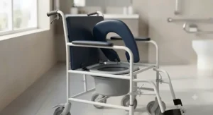 An attendant commode wheelchair displaying its removable sanitation bucket and comfortable padded hygiene seat.
