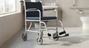 An attendant commode wheelchair equipped with swing-away footrests to facilitate safe and easy patient transfers.
