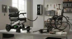 Visualizing battery charging and continuous power features exclusive to compact power wheelchairs compared to manual models.