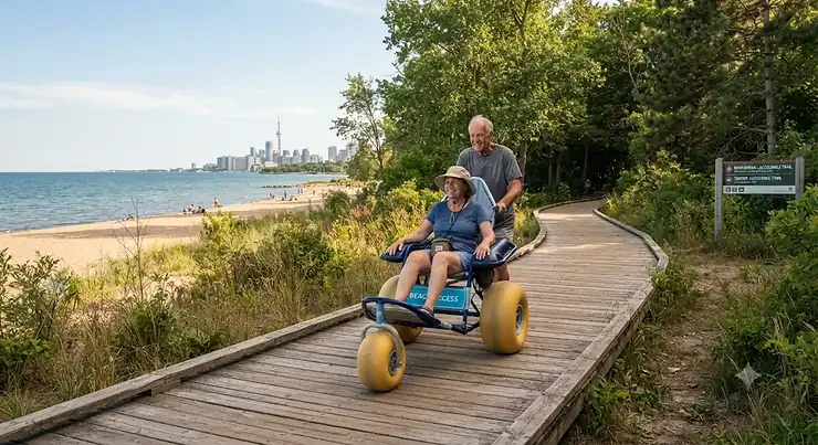 A specialized beach wheelchair with large balloon tires rolling smoothly along a wooden boardwalk in a Canadian provincial park, designed for sand and boardwalks.