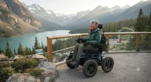 Illustration of a user in an all-terrain wheelchair for outdoor use enjoying a scenic view in a national park.
