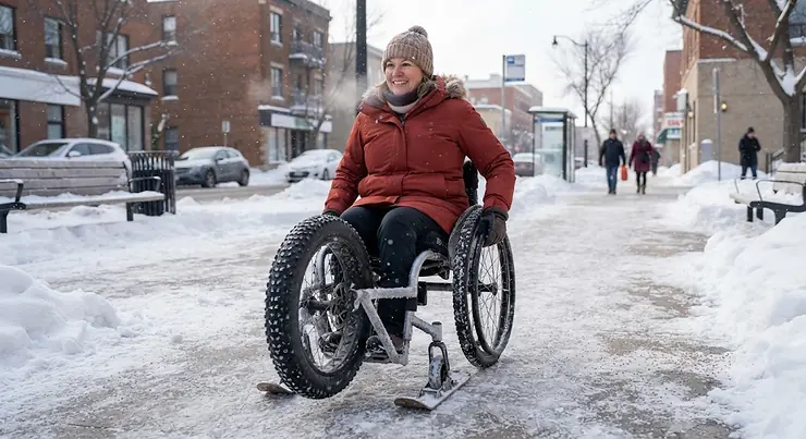 A specialized Canadian winter wheelchair equipped for navigating snowy and icy sidewalks safely in freezing temperatures. Canadian winter wheelchair for icy sidewalks