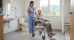 A healthcare caregiver assisting a patient using a compact attendant commode wheelchair with four small caster wheels.