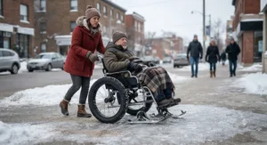 A caregiver assisting a wheelchair user with winter mobility gear across a slippery, frost-covered sidewalk.