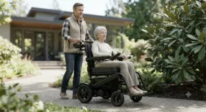 A compact power wheelchair featuring rear attendant controls for caregiver assistance.