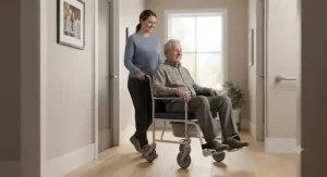 A caregiver securely pushing a senior loved one in an attendant commode wheelchair inside a home.