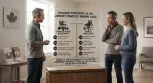 A summary guide helping users choose between a compact power wheelchair and a manual wheelchair based on individual needs in Canada.