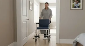 A compact attendant commode wheelchair easily maneuvering through a standard home doorway.