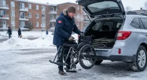 A foldable winter wheelchair design being loaded for travel during sub-zero Canadian winter conditions.
